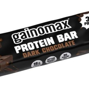 Gainomax Protein Bar Dark Chocolate er en bar med en blød tekstur, højt proteinindhold og smag af mørk chokolade. Baren indeholder omkring 18g protein og 20g kulhydrater pr. pakke (60g).